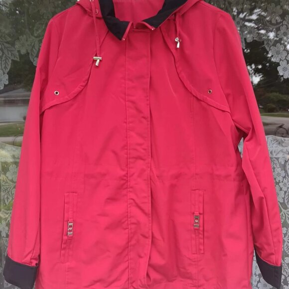 Women's Red & Black George QVC Removable Hood Rain Jacket Lightweight XL 16-18 - Picture 3 of 9